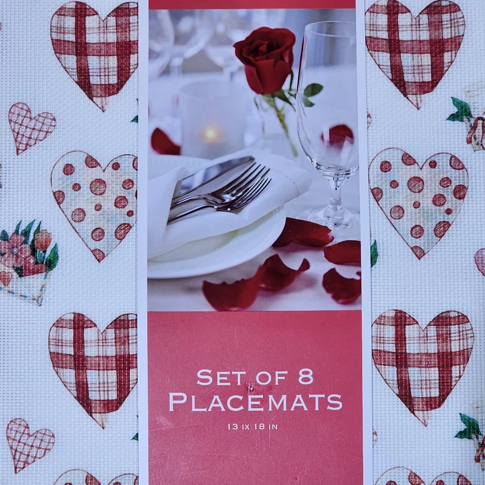 Colordrift White Red Pink Hearts Decorative Placemats Set 8pc Table Mats 13x18in